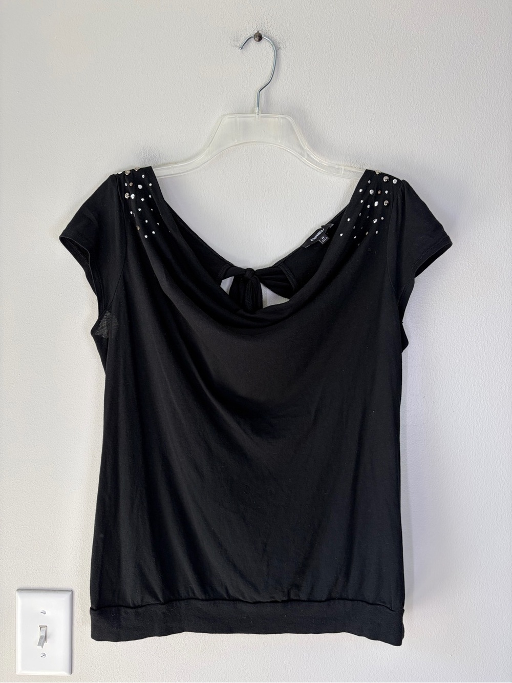 Express Y2K Black Cowl Neck Rhinestone Detail Slouchy Back Cut Out Top